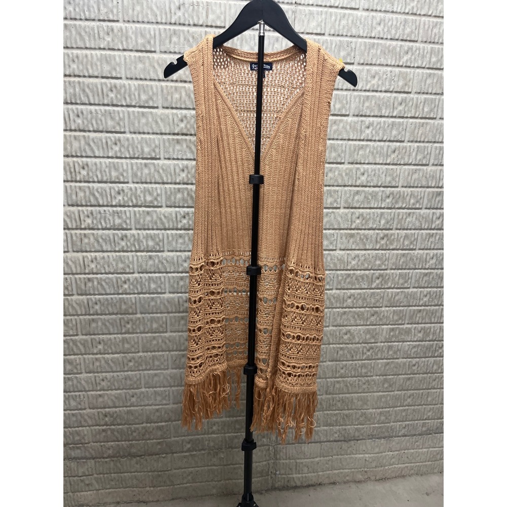 Freshman 1996 Tan Crochet Open Knit Longline Fringe Vest Cardigan XL Womens